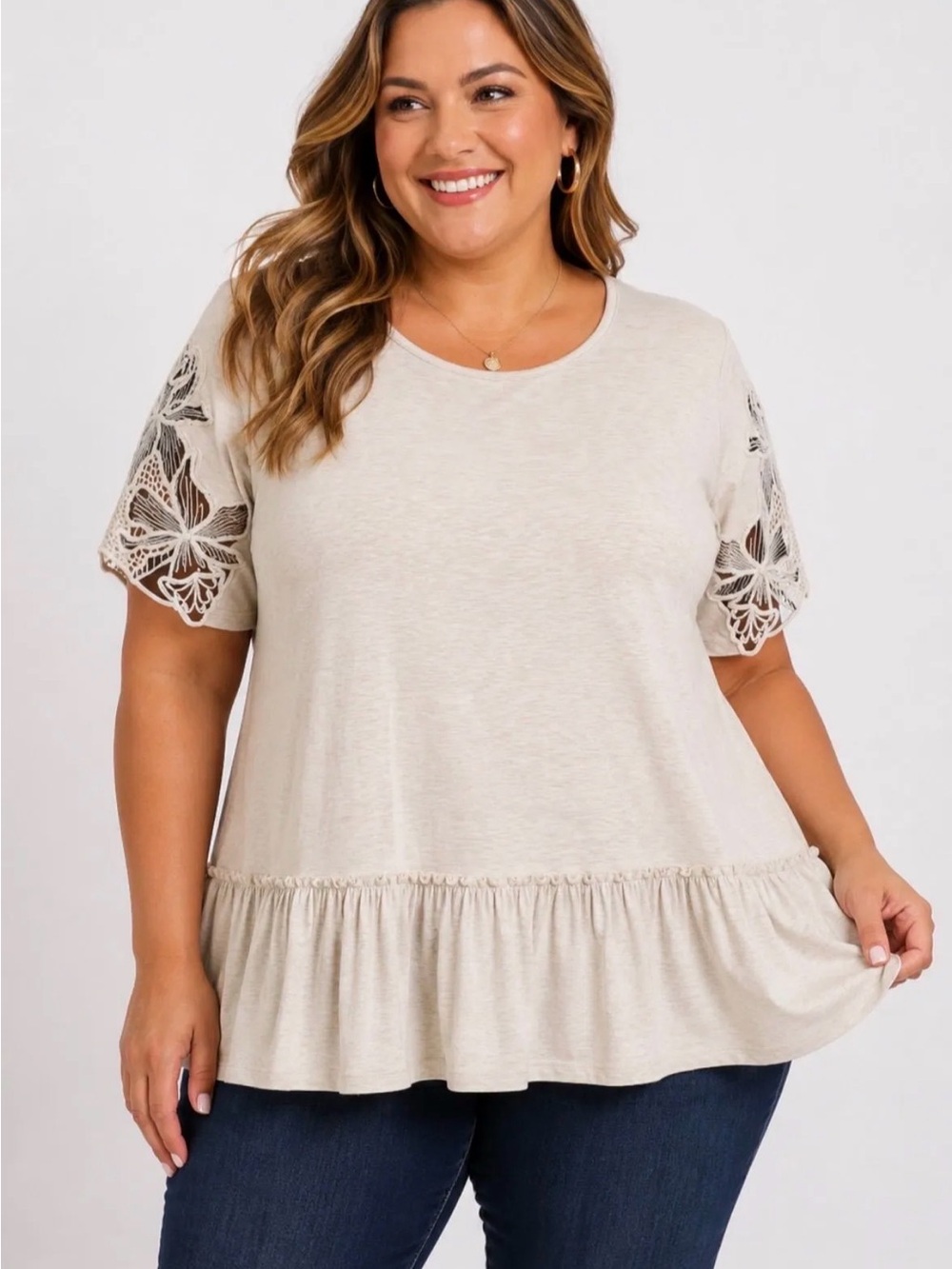 Hailey & Co Plus Size 1X Oatmeal Crochet Sleeve Peplum Top | Boutique NWT
